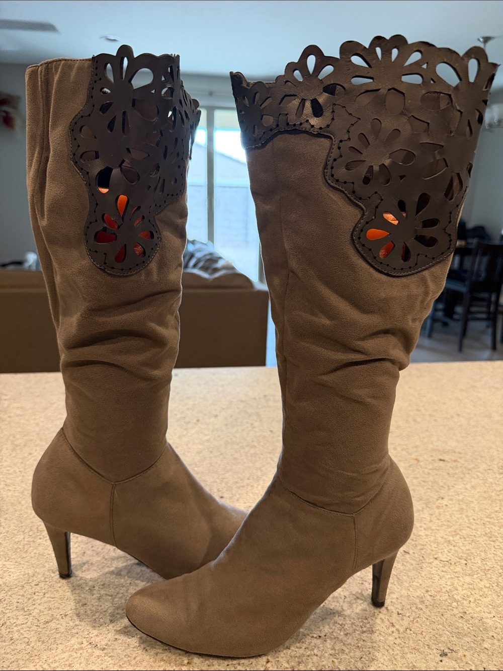 Impo Brown Knee-High Heeled Boots with Floral Cutout Trim